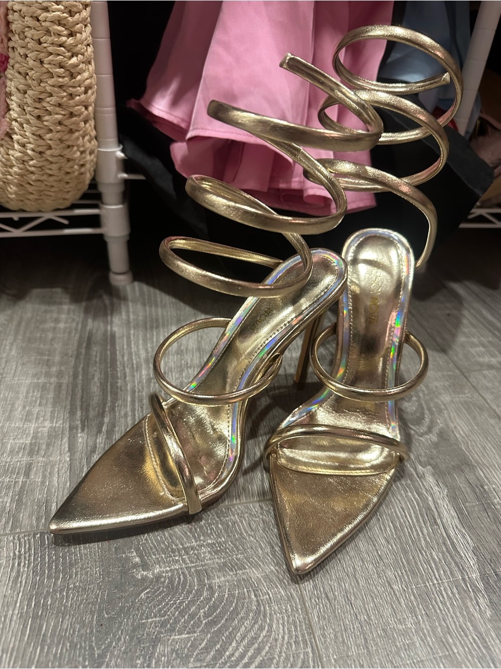 Fashion Nova Gold Spiral Strap Women's High-Heel Sandals. Size 7.5. Never worn.
